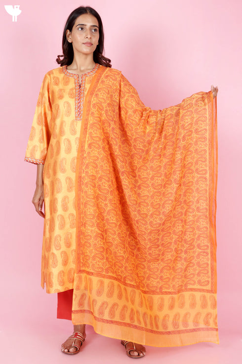 Tussar Cotton Kurta Pant And Dupatta Set In Block Print